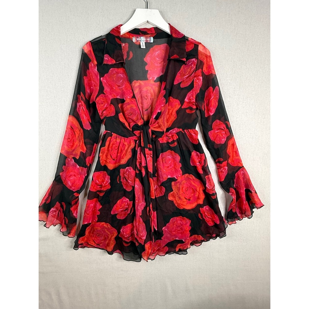 Urban Outfitters Kiki Tie Front Mini Dress Womens M Black Red Floral FLAW - Picture 2 of 10